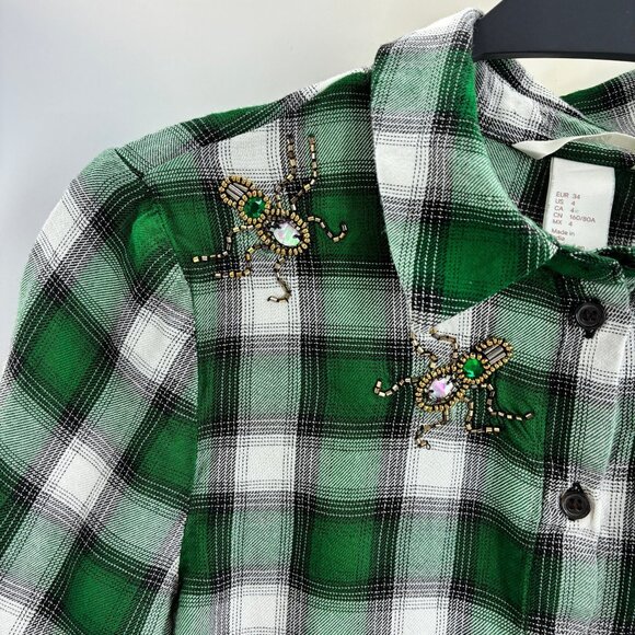 H&M Women's Green Plaid Shirt Size 4 Embellished Beaded Bugs - Picture 2 of 6